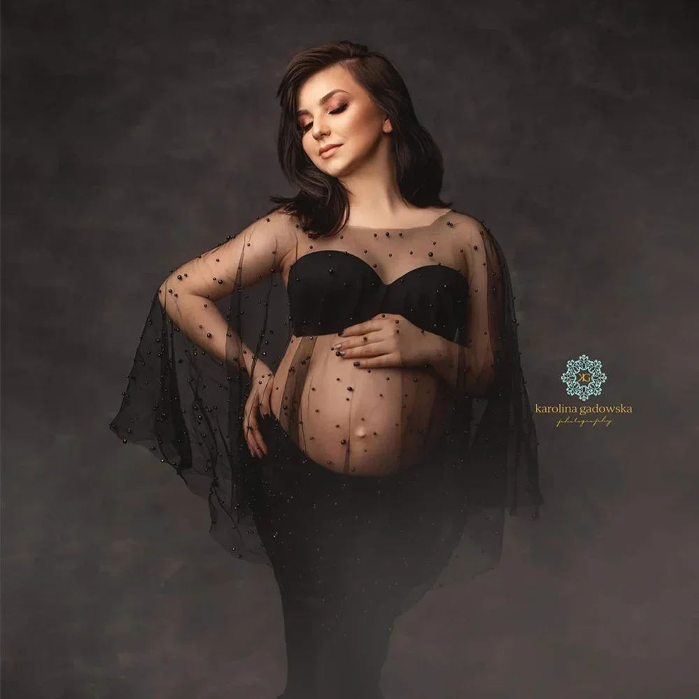 Sexy Tulle Pearl Maternity Photography Dresses Pullover Cloak Maternity Dress for Baby Showers Pregnancy Photo Shoot Poncho