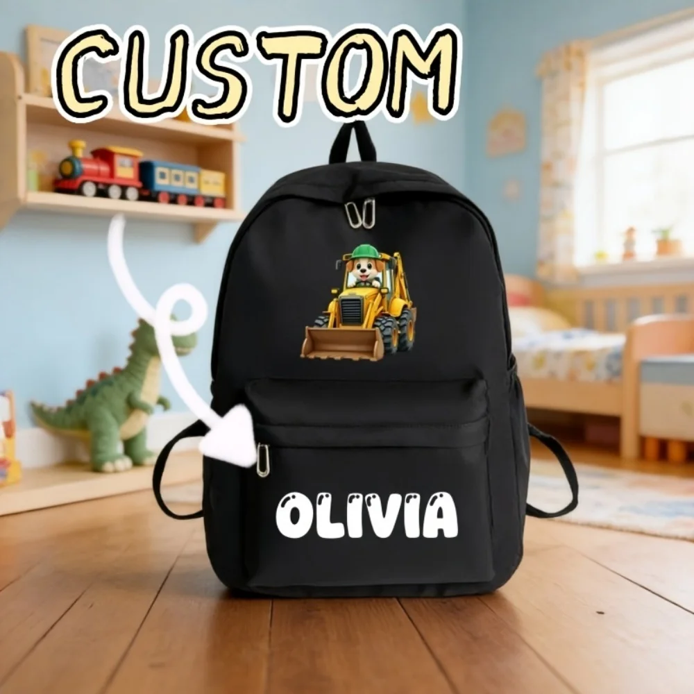 Custom Boys Kids Backpack Personalized Name Excavator Dog School Bag with Front Zipper Pocket Adjustable Strap Custom Kid Gift