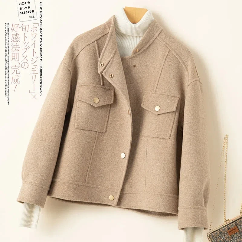 2023 Autumn Winter Coat Women Woolen Jacket Korean Single-Breasted Pocket Double-Sided Cashmere Short Beige Black Outwear Female