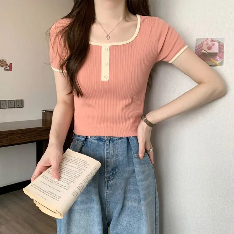 Women Summer Simplicity Elegant Slim Solid Color Square Collar Short Sleeve T-Shirt Women Clothes Casual All-match Trend Top Tee