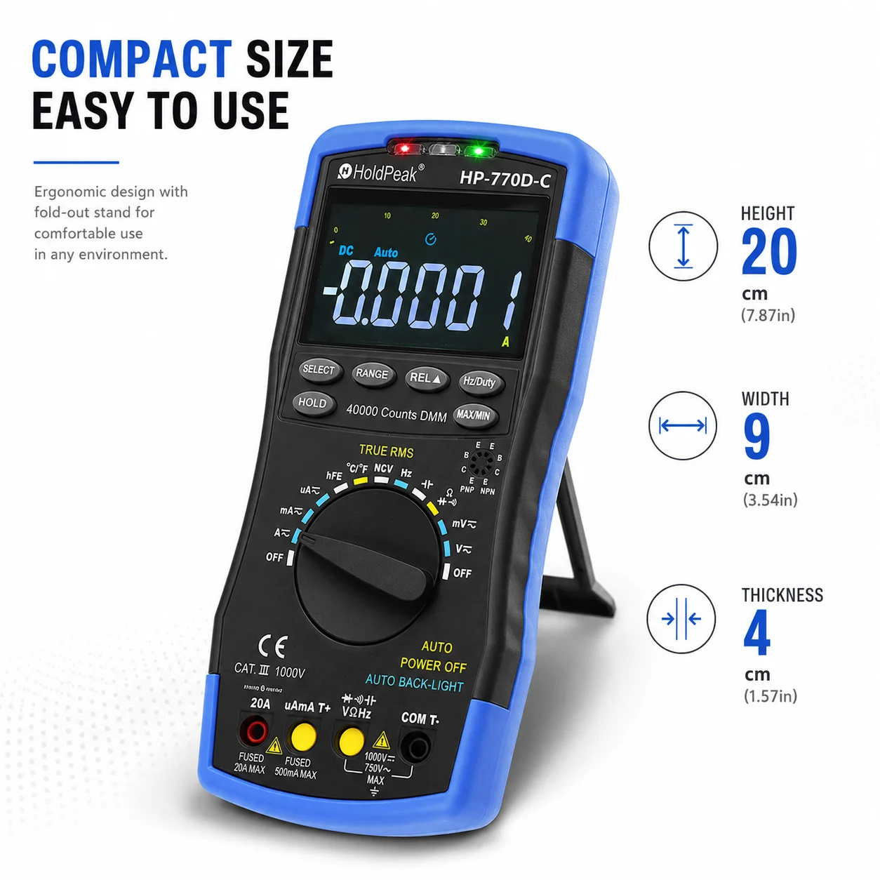 HP-770D-C LCD Digital Multimeter - True RMS Auto Range for AC/DC Voltage, Ohm, Amp & Capacitor (40,000 Counts)