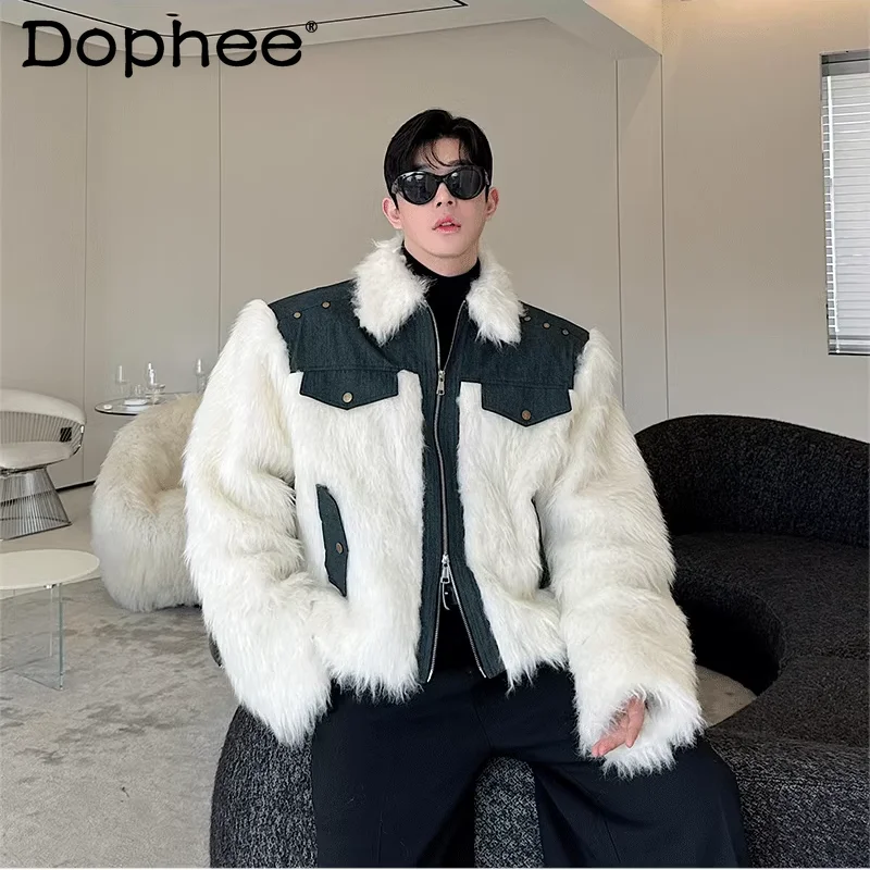 

Men's 2025 Winter New Fashion Zipper Parkas Stylish Faux Mink Fur Denim Splicing Parkas Men's Thickened Warm Trendy Fluffy Coats