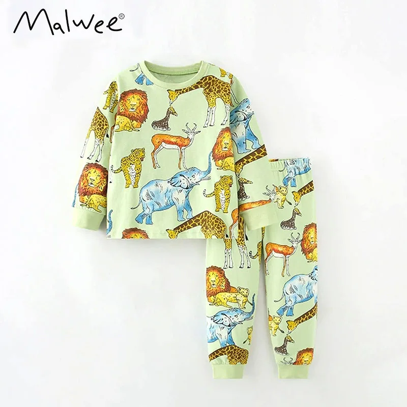 

Malwee solid color animal cartoon pattern long sleeve childrens sets pure cotton versatile Y2K cute chic comfortable daby pajama
