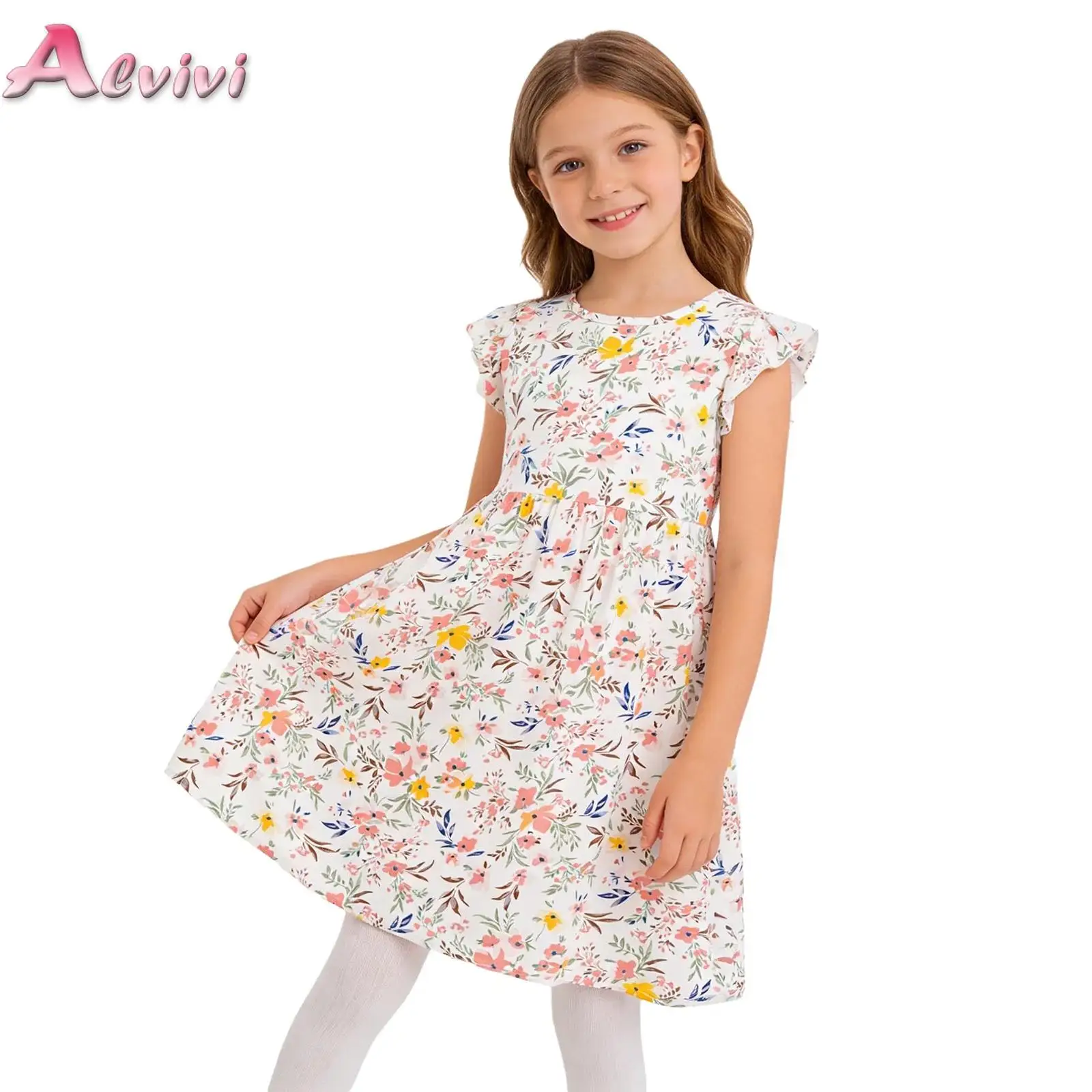 

Kids Girls Floral Print Dress Round Neck Sleeveless Ruffle Sleeves Dresses Casual Daily Birthday Park Picnic Vacation Beach Wear