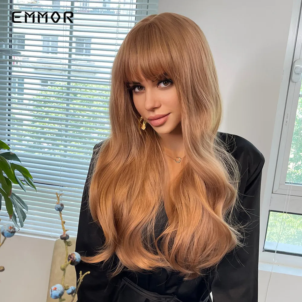 Emmor Wig Gelombang Air Sintetis untuk Wanita Wig Pirang Tubuh Panjang Alami dengan Poni Wig Rambut Cosplay Harian Serat Tahan Panas