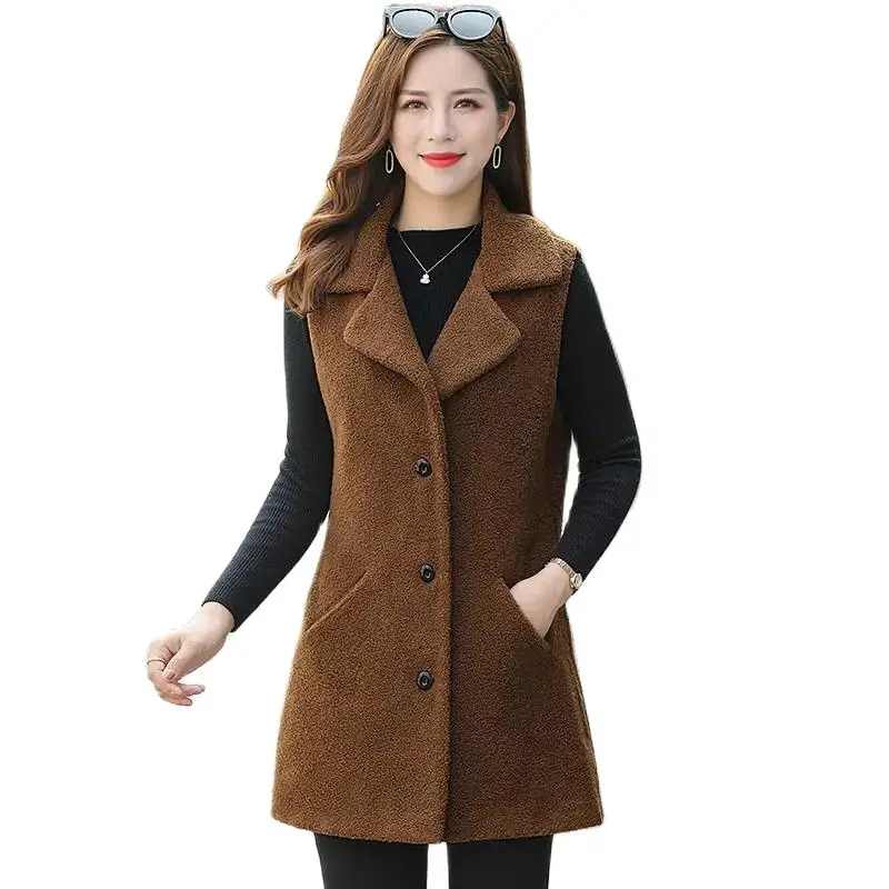 

Fashion Thickened Lambswool Vest Women's Suit Collar Waistcoat Jacket Medium-Length Warm Casual Autumn Winter Coat Female