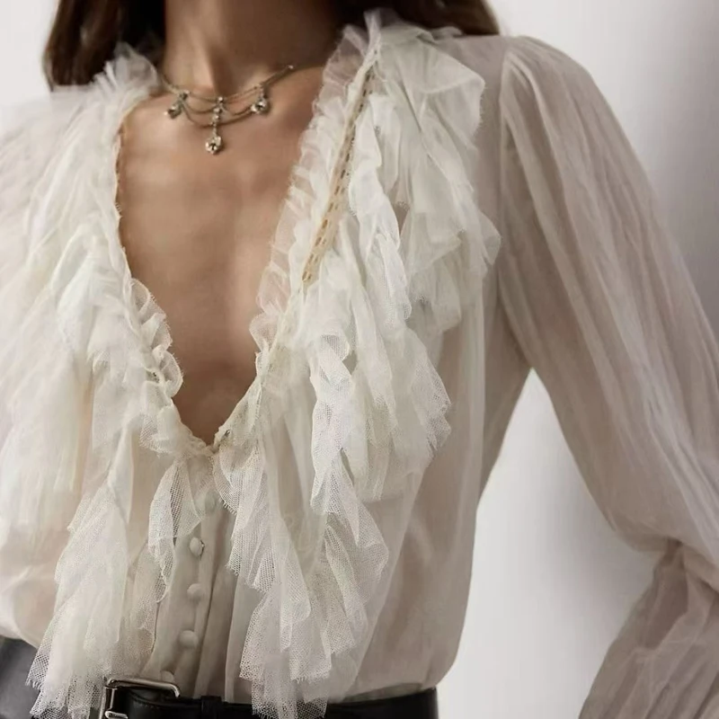 

Elegant French Style Long Sleeve V-Neck White Shirt Layered Lace Trim High-End Goddess Series Women's Premium Cotton Silk Blend