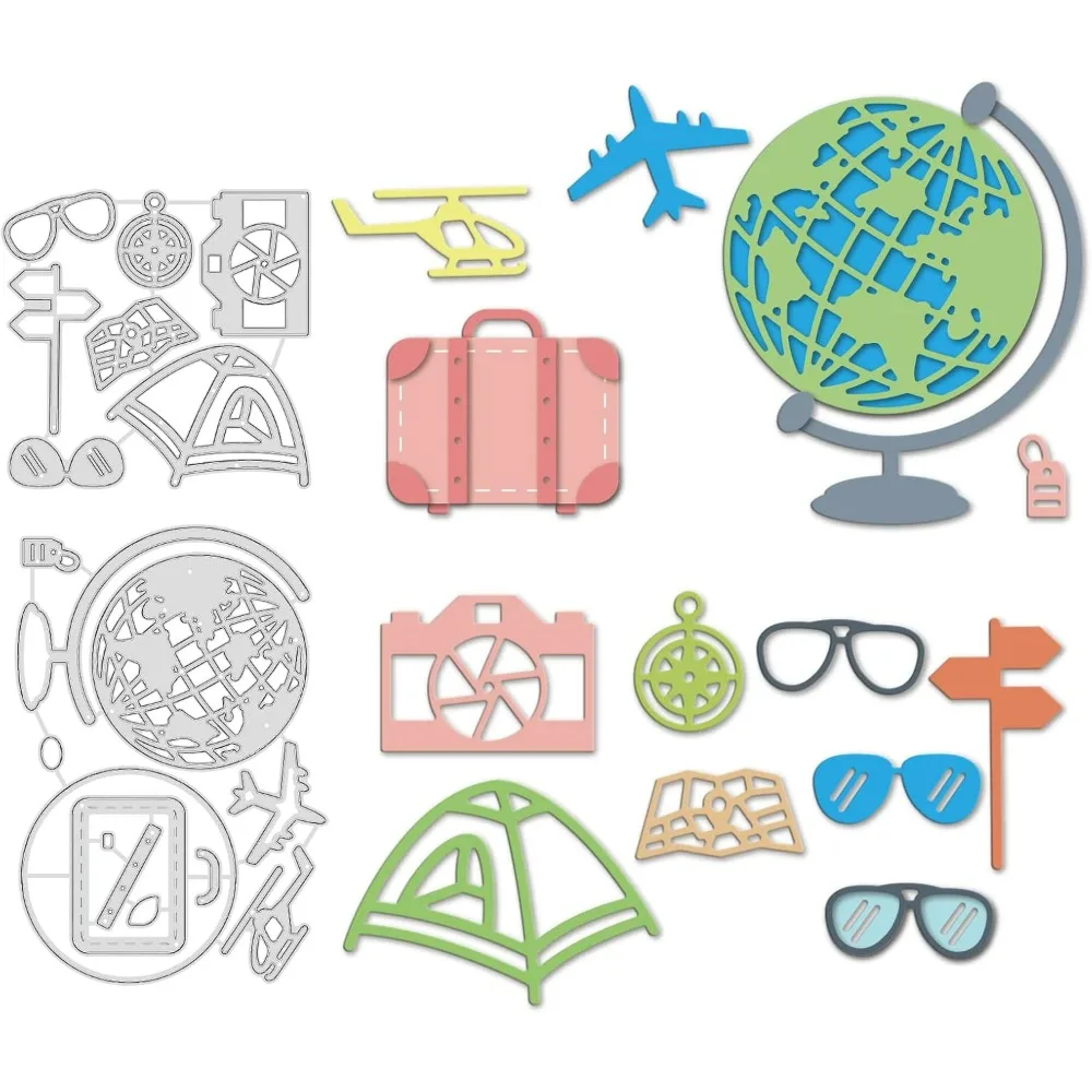 2Pcs Globe and Suitcase Metal Cutting Dies Tent Sunglasses Compass Die Cuts for DIY Scrapbooking Holiday Greeting Cards Making