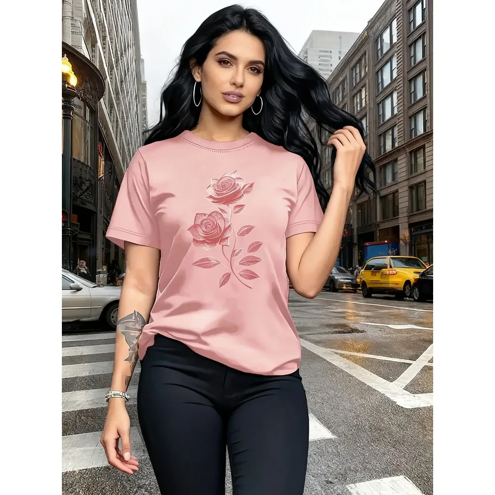 Unique Rose Pattern Print Top Women'S Casual T-Shirt Refined Round-Neck Style Design in Vibrant Colors Abstract Floral Design