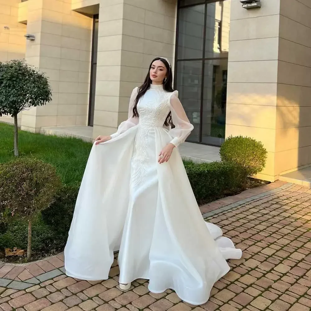 Luxe Organza Midden Bruidsjurk Hoge Applique Kristallen Poff Lange Mouw Dubai Dames Vloer Lengte Elegante Bruids Feestjurk