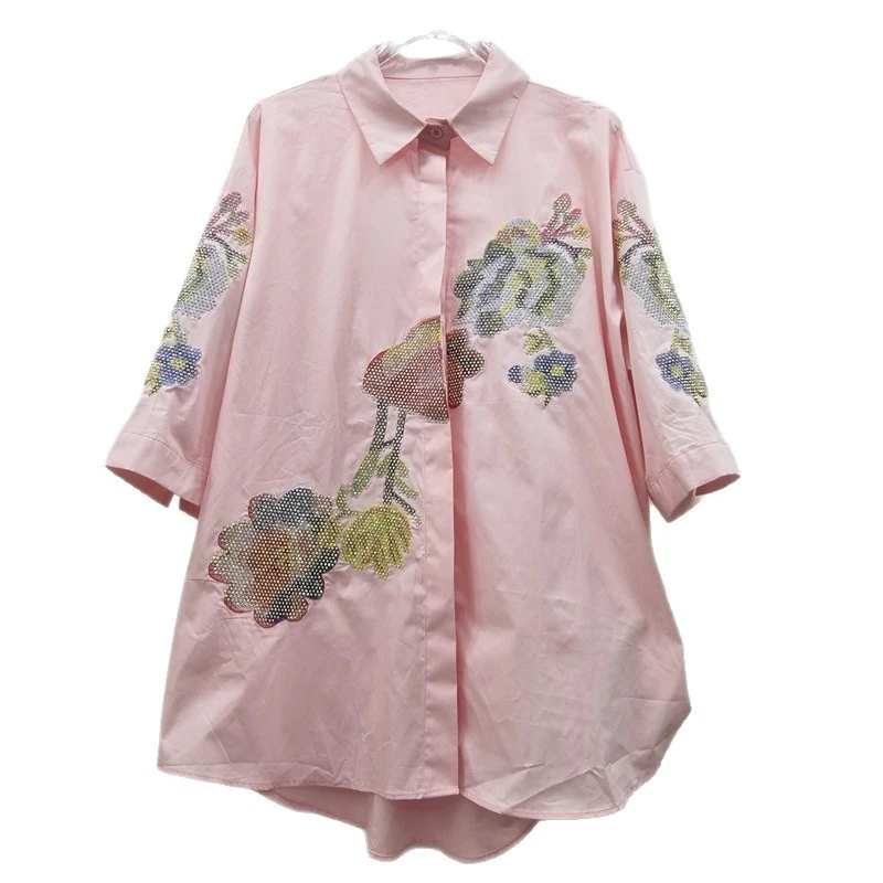 

Women Summer Floral Print Short Sleeve Loose Fit Casual Shirt Blouse With Rhinestone Embroidery Design Daily Wear Boho Style