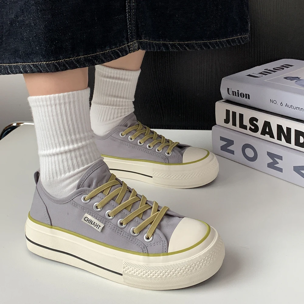 

Comfortable Red Thick Bottom Canvas Shoes Women's Casual All-Match Low Top round Toe Rubber Outsole Breathable Cotton Liner
