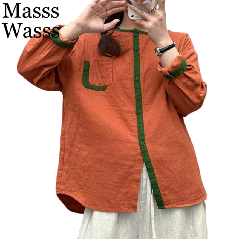 

Mass Wasss, весенние модные свободные лоскутные топы, женские 2026, винтажные хлопковые льняные рубашки с круглым вырезом, женские классические блузки для отдыха