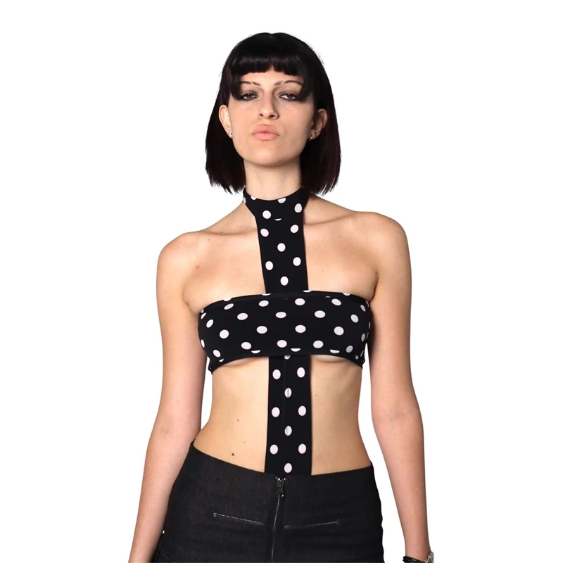 Y2K Gothic Polka Dot Halter Romper Shorts Slim Fit Sexy Edgy Streetwear Punk Vintage Retro Party Outfit For Women Teen Halloween
