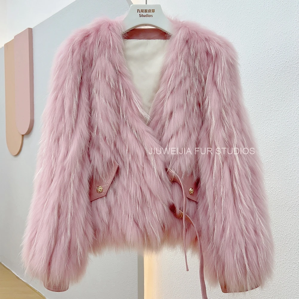 2026 Winter New Fur Strip Sewed Together Short Style Thin Raccoon Fur Fox Fur Coat Young Women's Coat