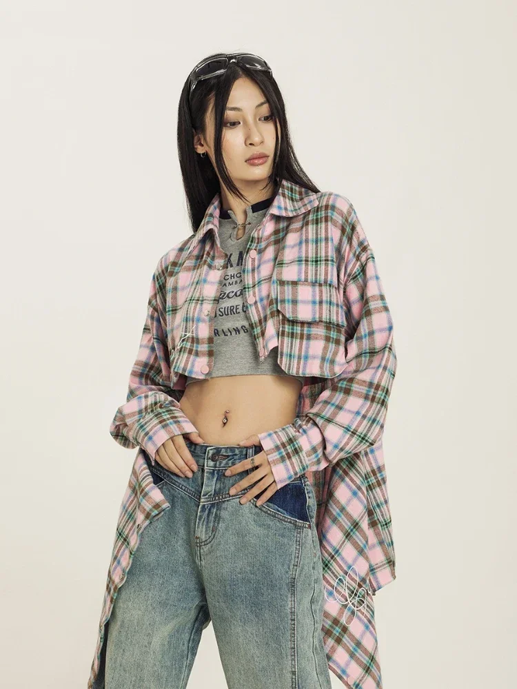 Plaid Shirts Women Contrast Color Slouchy Autumn All-match Removable Baggy Korean Style Sleeve Youthful Hotsweet Couple Clothing