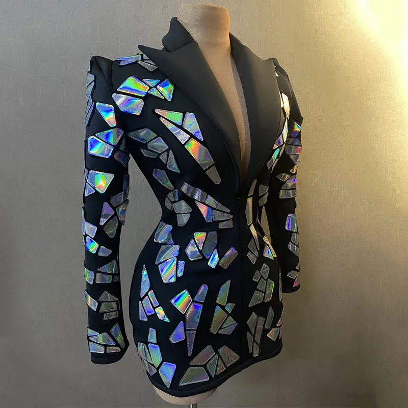 مرايا لامعة نسائية فستان سهرة ، فساتين حفلات ، ملهى ليلي بار ، دي جي ، زي راقصة جوجو ، زي المغني على المسرح