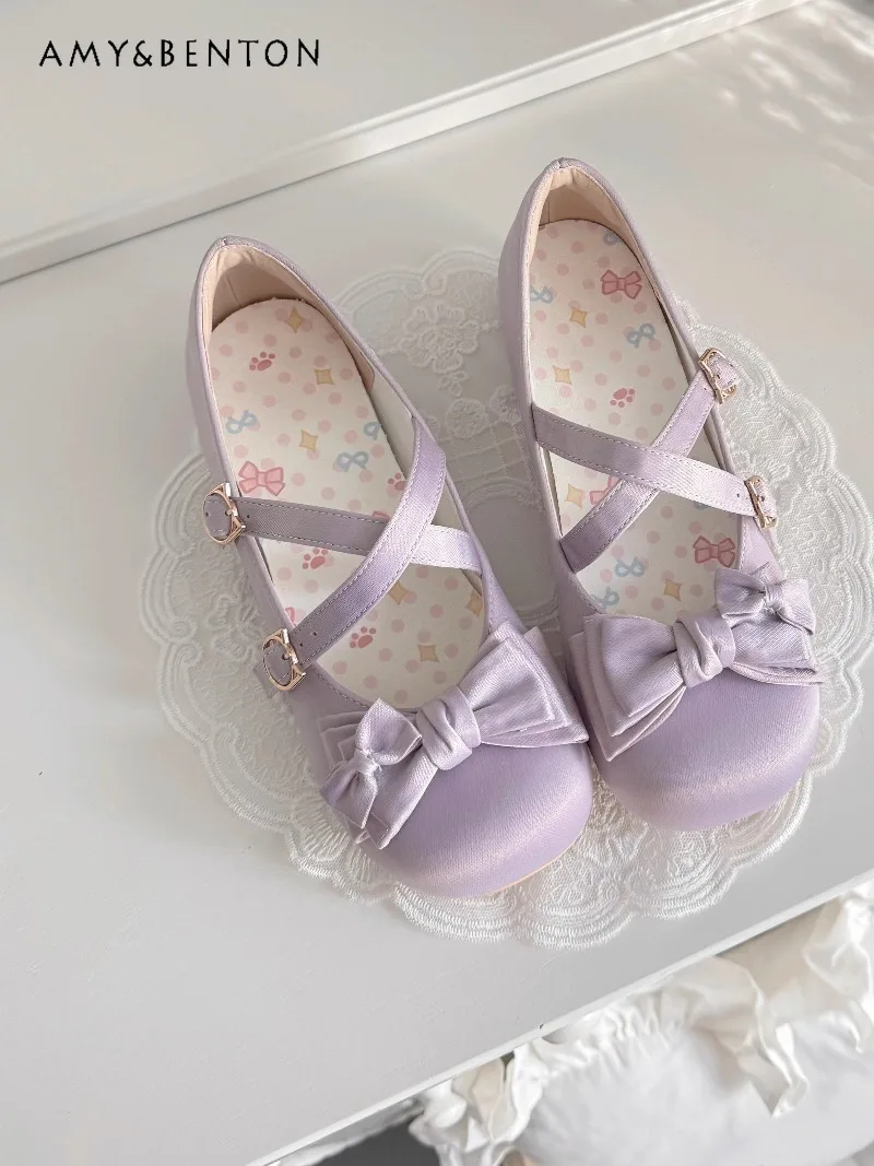 

Original Lolita Round Toe Sweet Cute Bow Low Heel Shoes Women Elegant Ballet Style Mary Jane Shoes Cross Buckle Satin Shoes