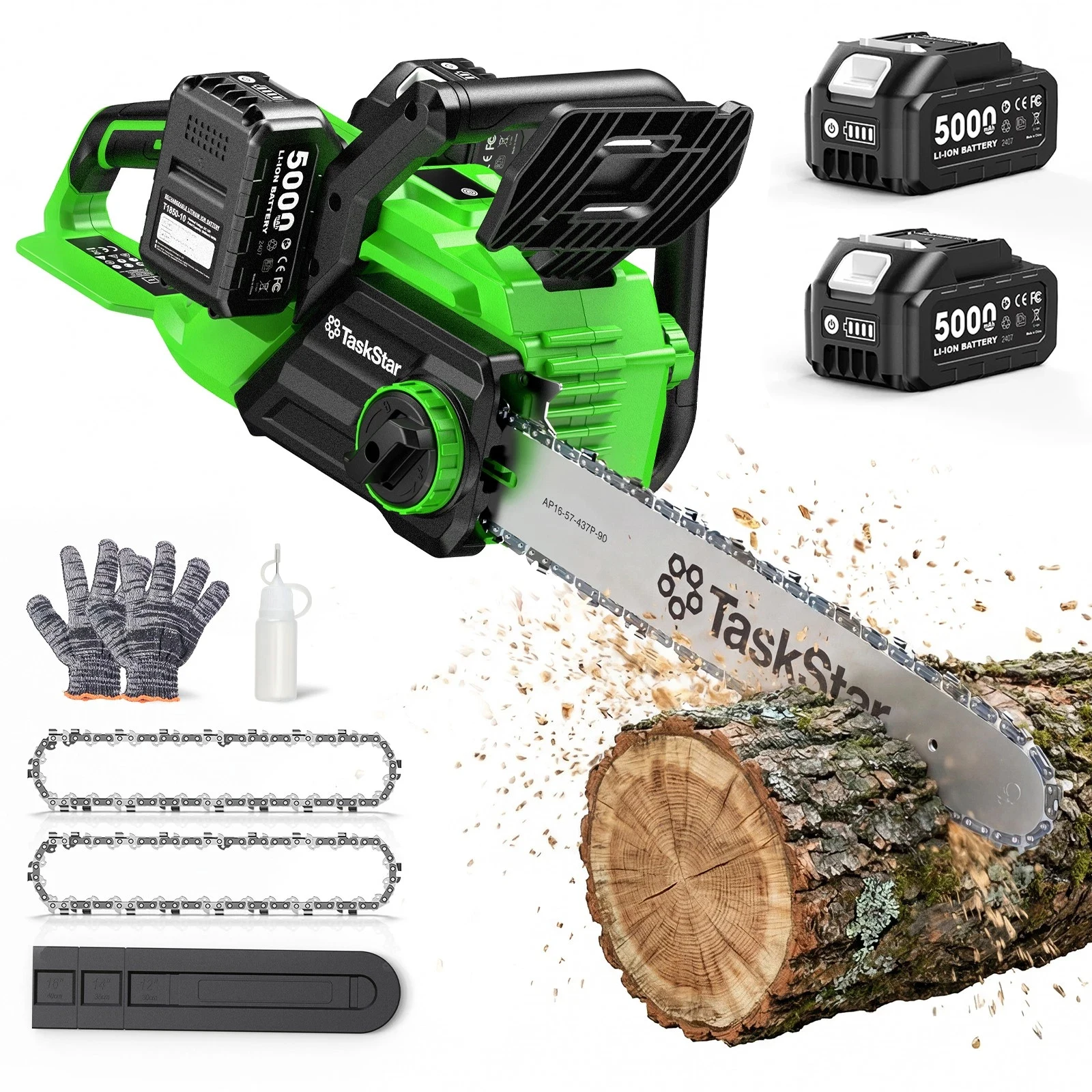 Taskstar Brushless 16 Inch Electric Chain Saw 40V Cordless Woodworking Tools with 2 5000mAh Rechargeable Battery Handheld Cutter for Logging. Compatible with Makita Battery