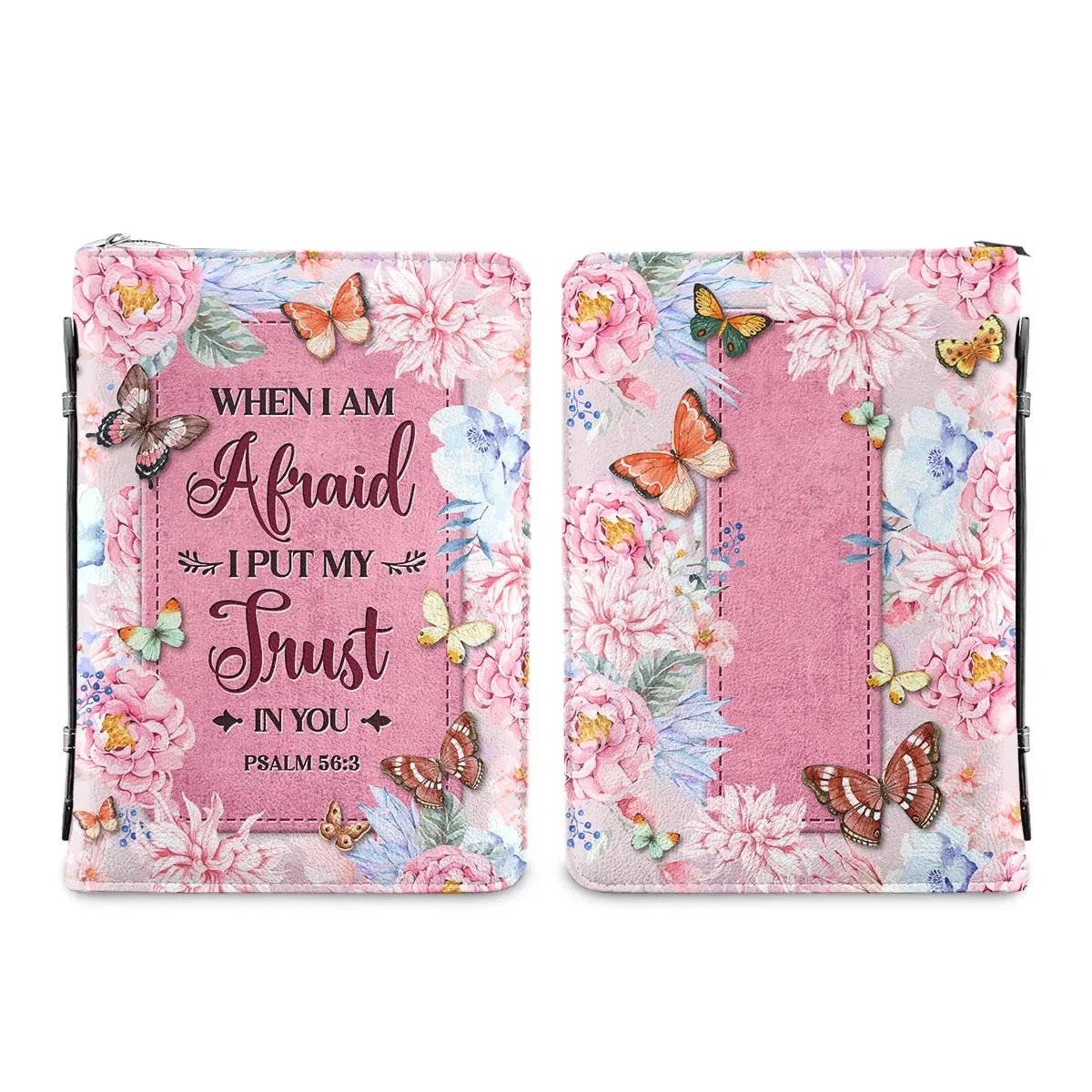 Luxury PU Leather Bible Bag When I Am Afraid I Put My Trust In You Verse Pink Floral Print Customized Bible Cover Case for Women