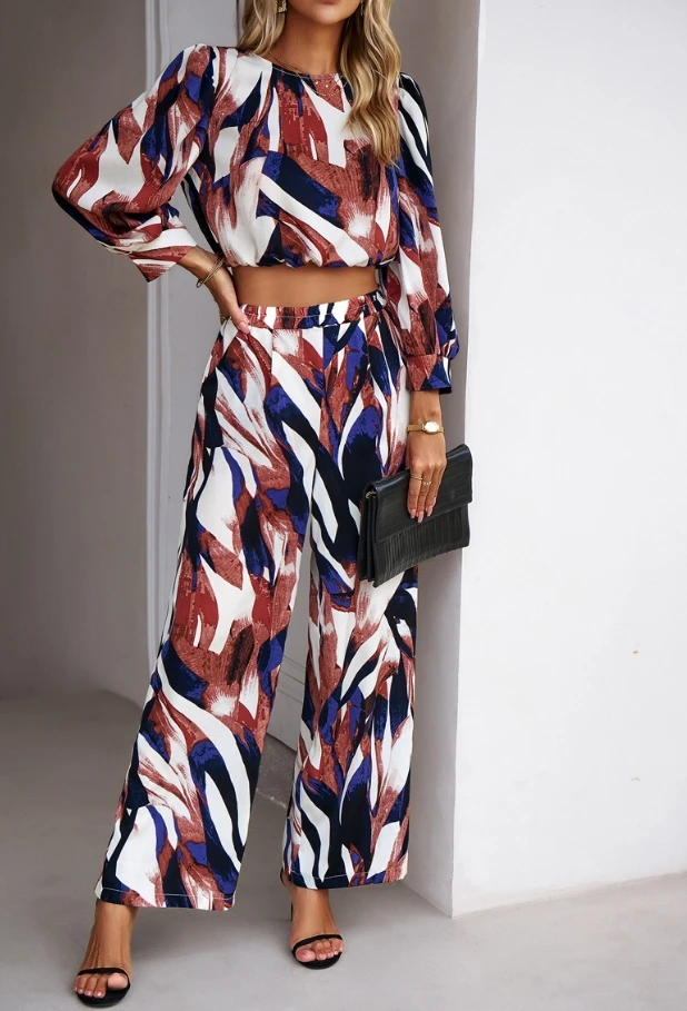 Fashion Sets for Women 2 Pieces Summer New Casual Plant Print Long Sleeved Top Straight Leg Pants Commuting Vacation Pants Set
