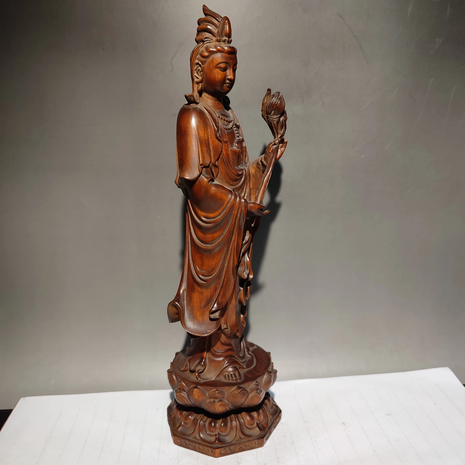 wooden fortune praying kwan yin guanyin quan statues wood sculpture decor lotus