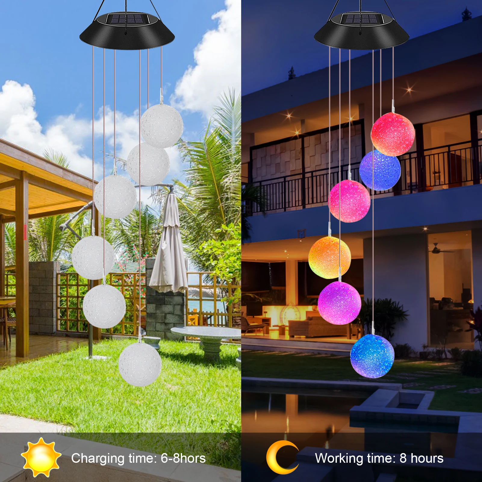 Outdoor H-anging Light Lawn Lamp Solar Energy Powered Wind Chime Lamp Color-changing Ball for Garden Street Home Decoration