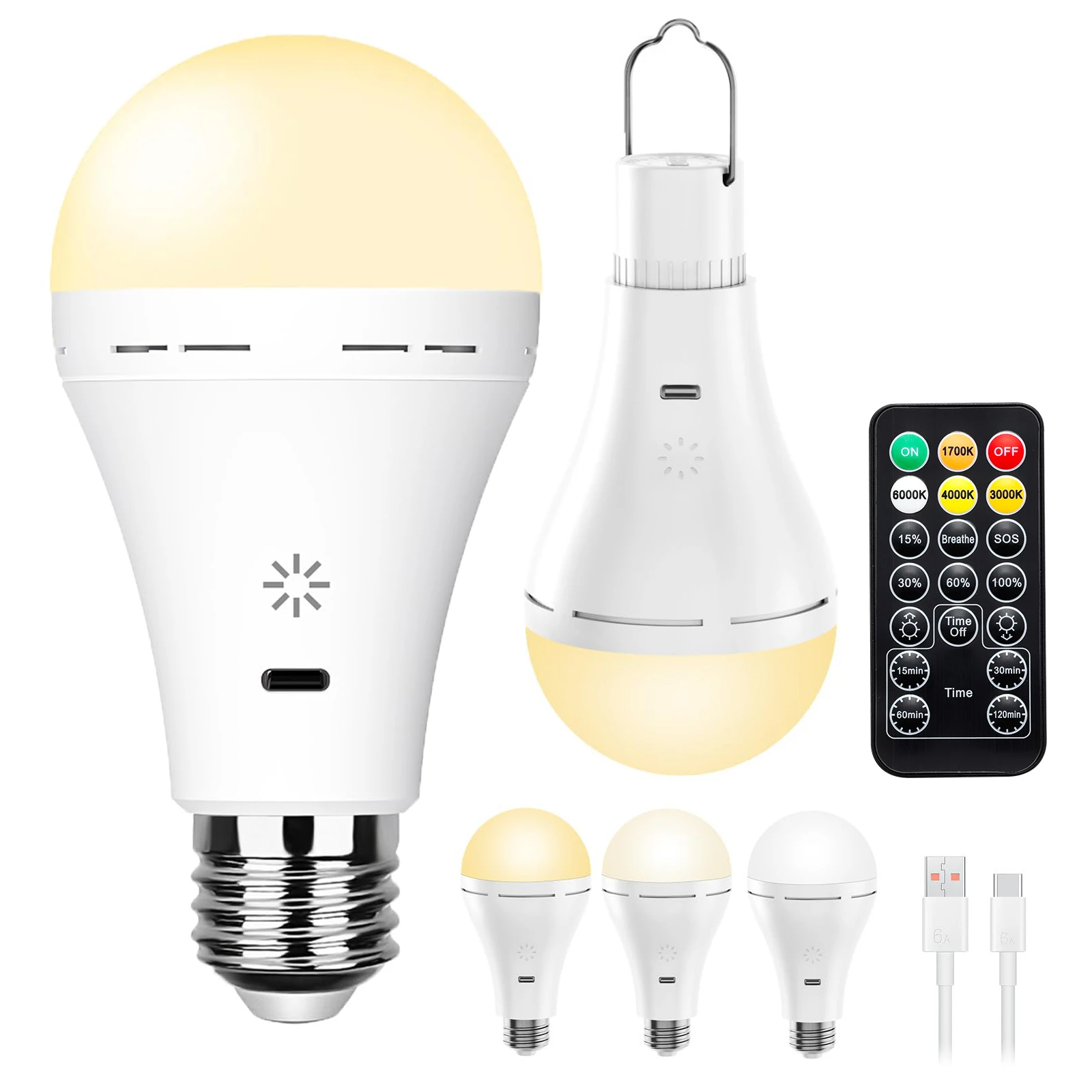 E27 Rechargeable Light Bulb with Remote and Timer Hanging for Emergency light bulb for power outage Dimmable 3 Color Temperature