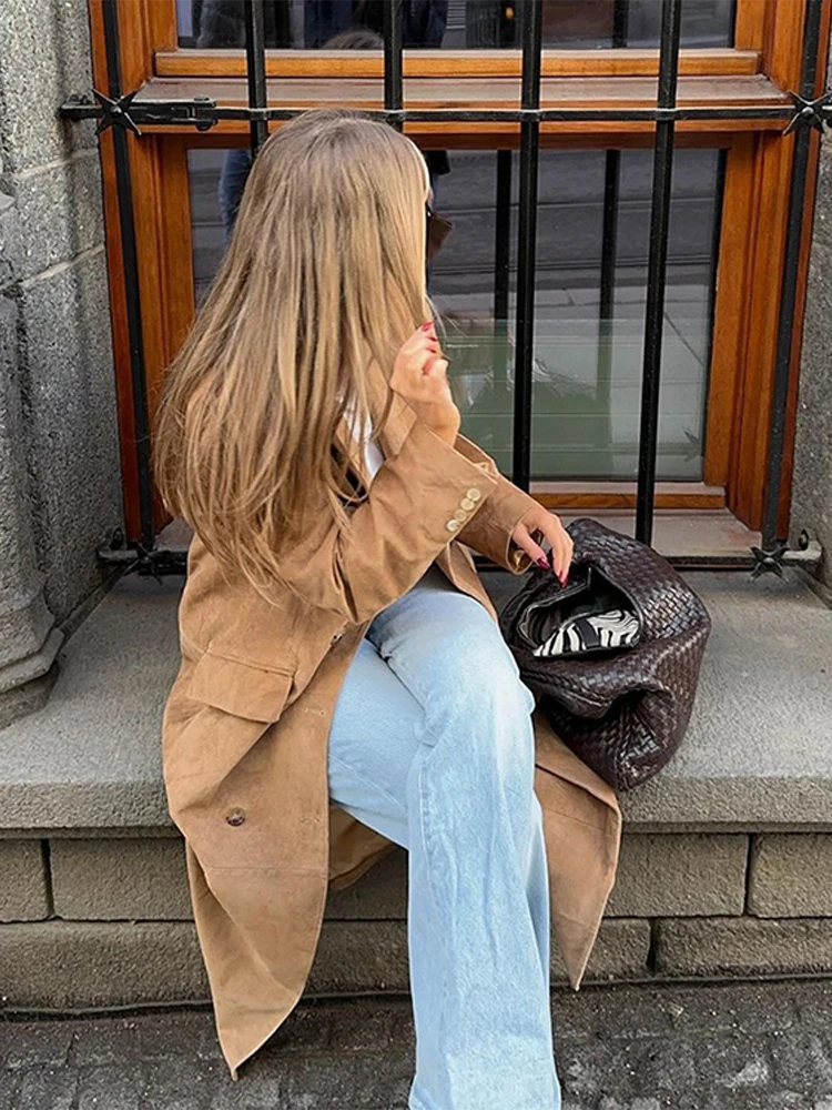 Vintage Lapel Double-Breasted Women\'s Coats Casual Solid Long Sleeved Jackets For Woman Autumn Winter Long Chic Streetwear Tops