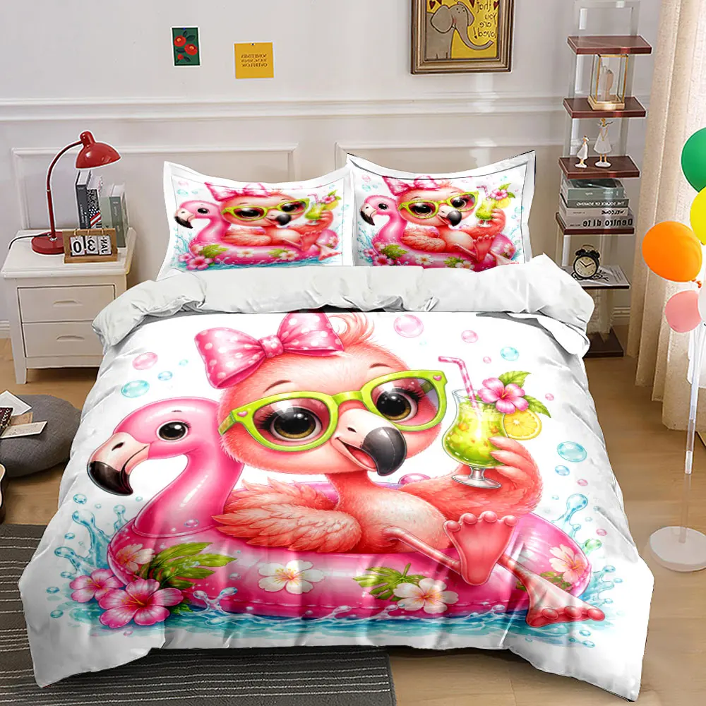 Pink flamingo float and refreshing drink Print Bedding Set 1 Duvet Cover 2 Pillowcases for Adult and Children Luxury Gift