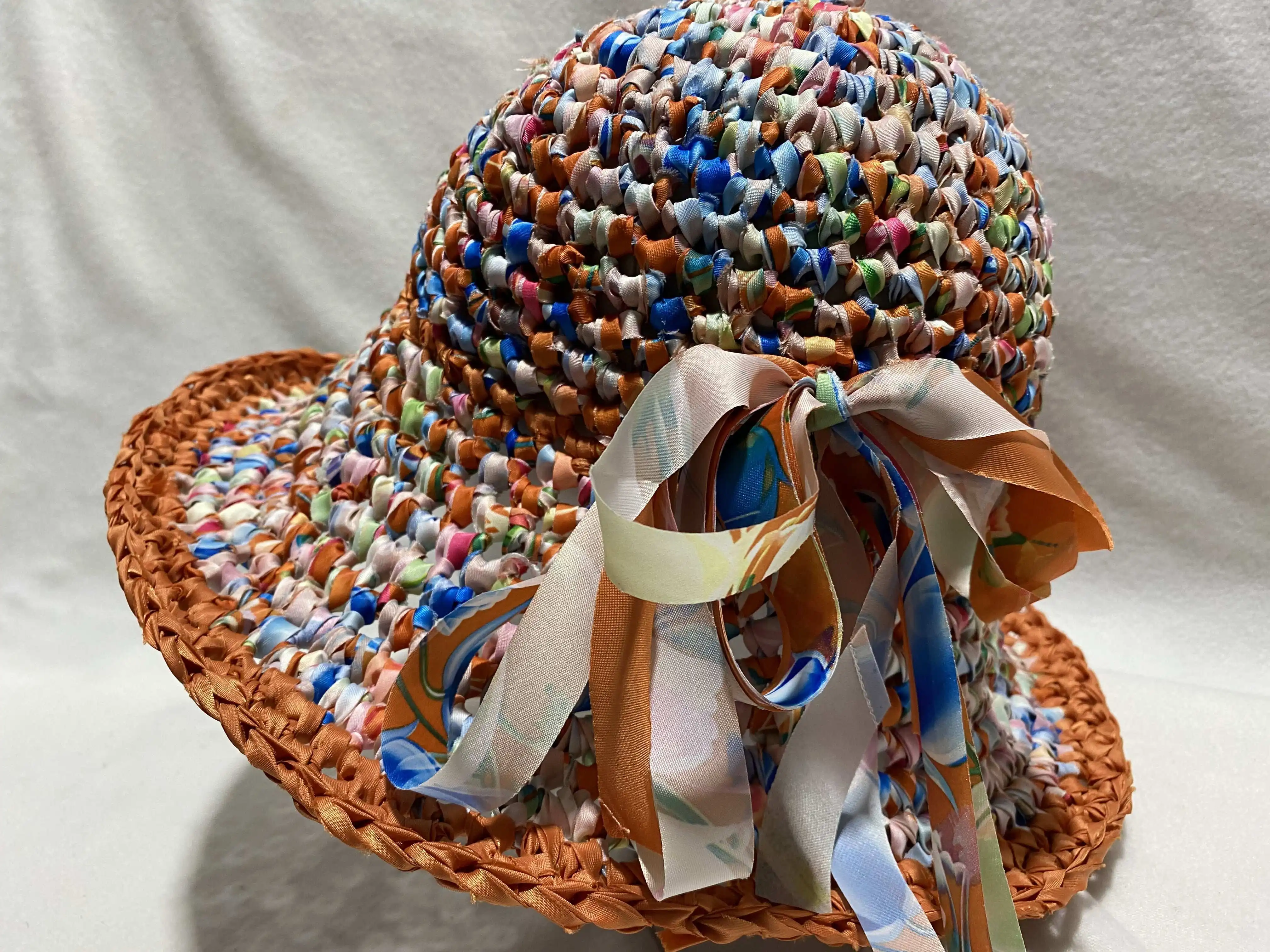 Handmade Openwork Beach Hat Womens Fabric Strip Yarn Wide Brim Hat for Garden Parties and Picnics and Weekend Coffee Dates