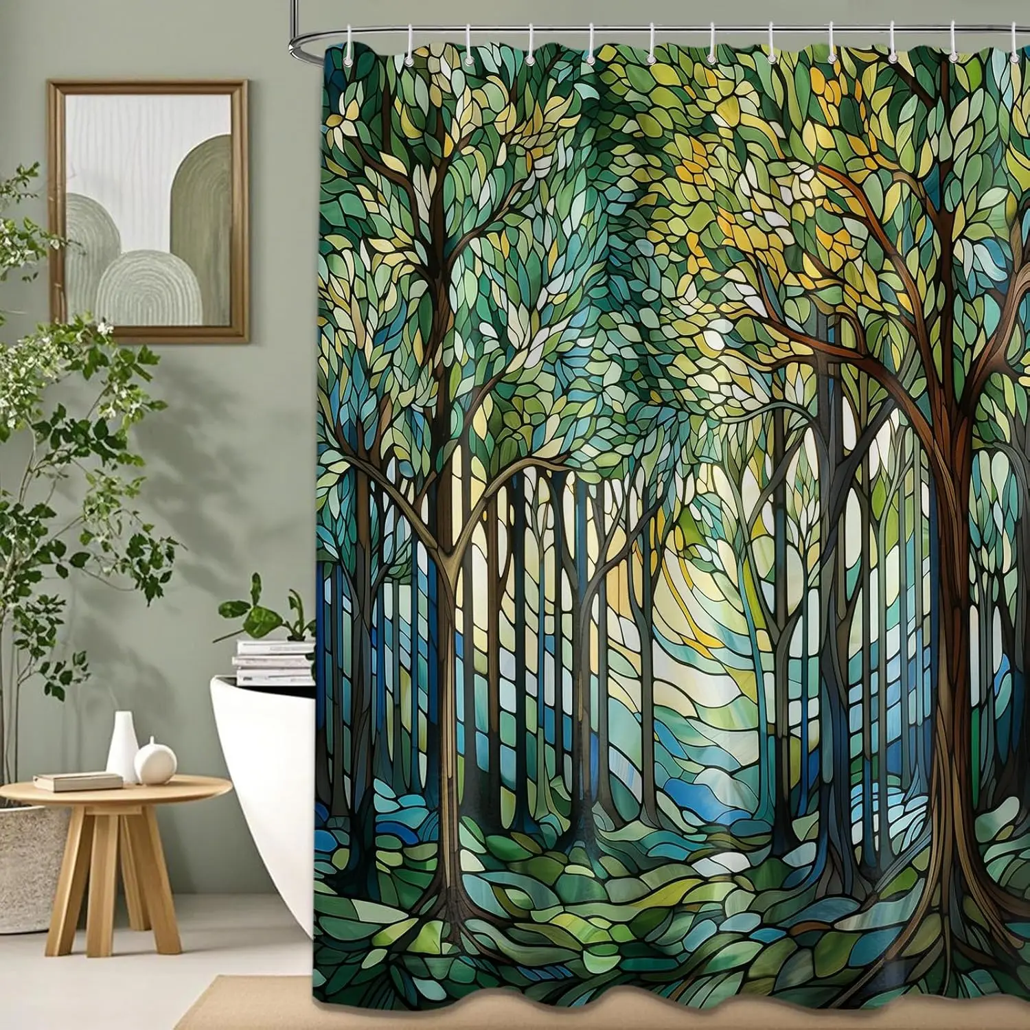 

Green Forest Tree Nature Shower Curtain, Waterproof Fabric with Hooks, 70x72 Inch for Bathroom Decor