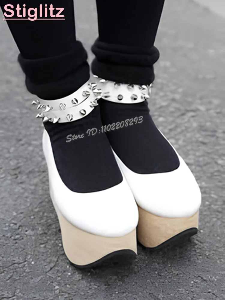 

Wood Grain Rivet Buckle Strap Pumps Cute Round Toe Shallow Platform High Heels 2026 Japanese Lolita Rocking Horse Women Shoes