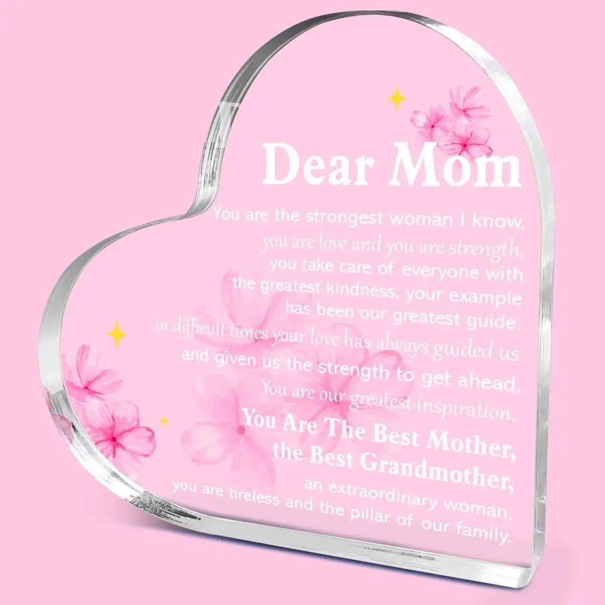 Mothers Day Gifts,Transparent Heart Acrylic Ornament Watercolor Pink Flower Mother's Day Appreciation Decor