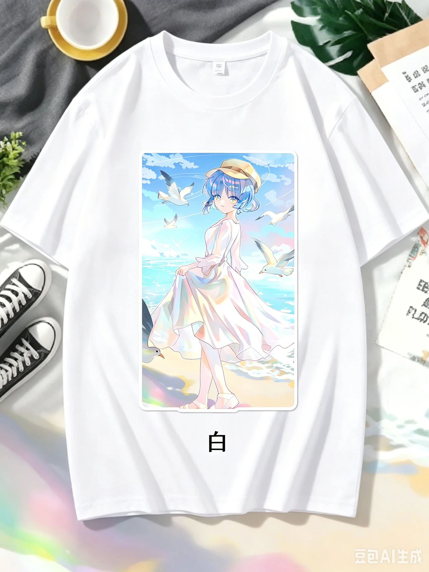 2026 New Unisex Crew Neck Casual Short Sleeve T-Shirt With Seaside Seagull Scene Ryo Yamada Square Frame Anime Print T-Shirt