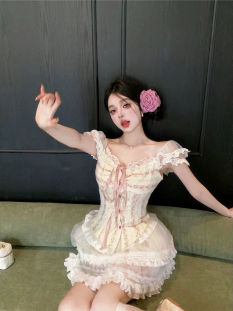 Sweet Kawaii 2 Piece Skirt Sets Women Casual Y2k Corset Tops + Lace Mini Skirts Japanese Lolita Suits Female Elegant Clothing