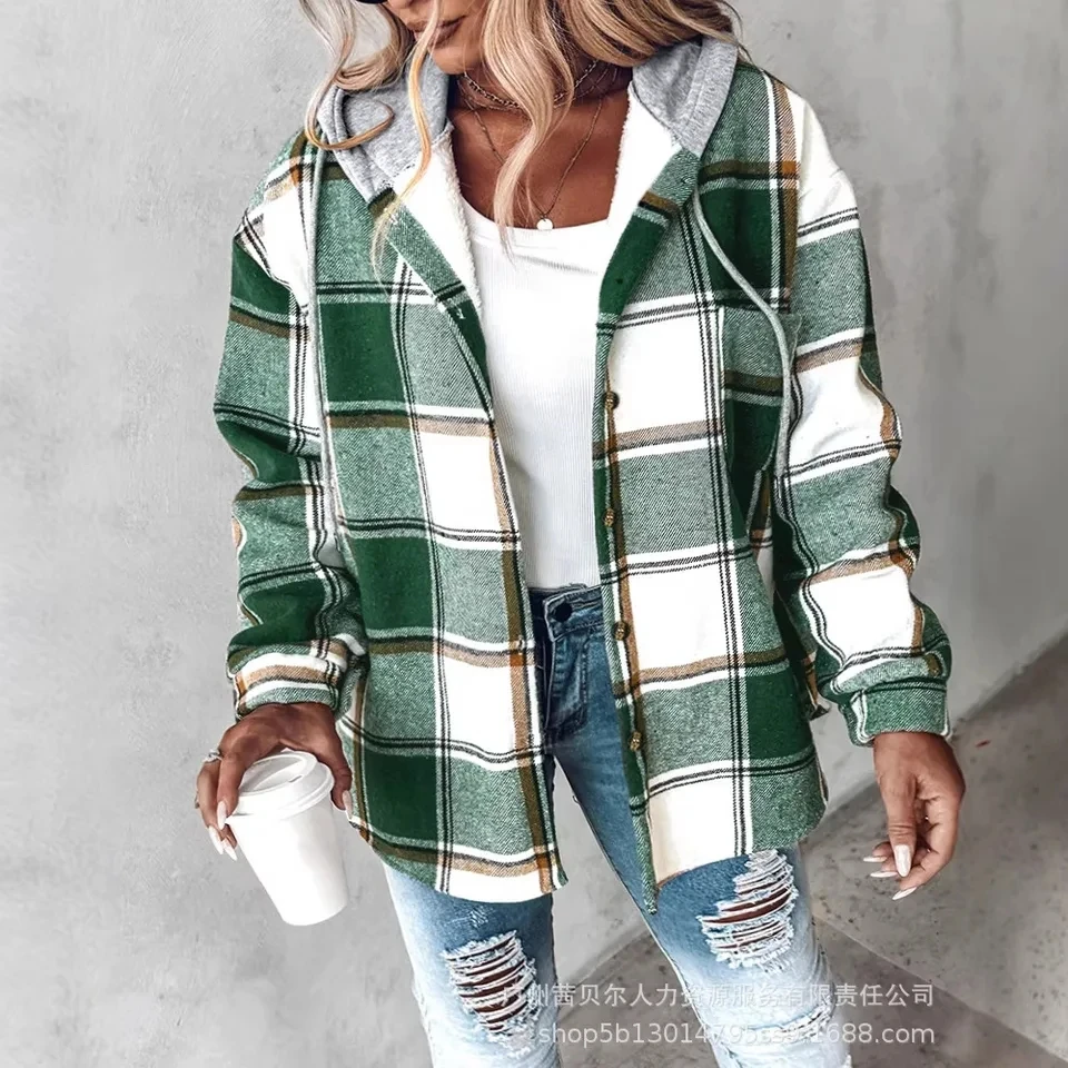 2026 Spring Summer New Plaid Hooded Fleece Coat Women Loose Warm Casual Fashion Elegant Desin Versatile