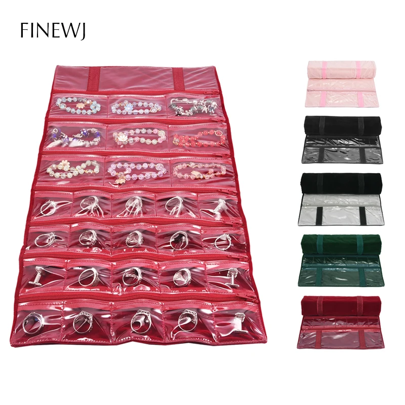 Portable Ring Earrings Jewelry Roll Up Travel Bag Clear Grids Bracelet Necklace Display Organizer Storage Carrying Zipper Pouch