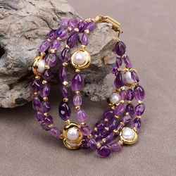 G-G 4 Strands Cultured White Pearl Gold Plated Edge Purple Amethyst Nugget Bracelet 8