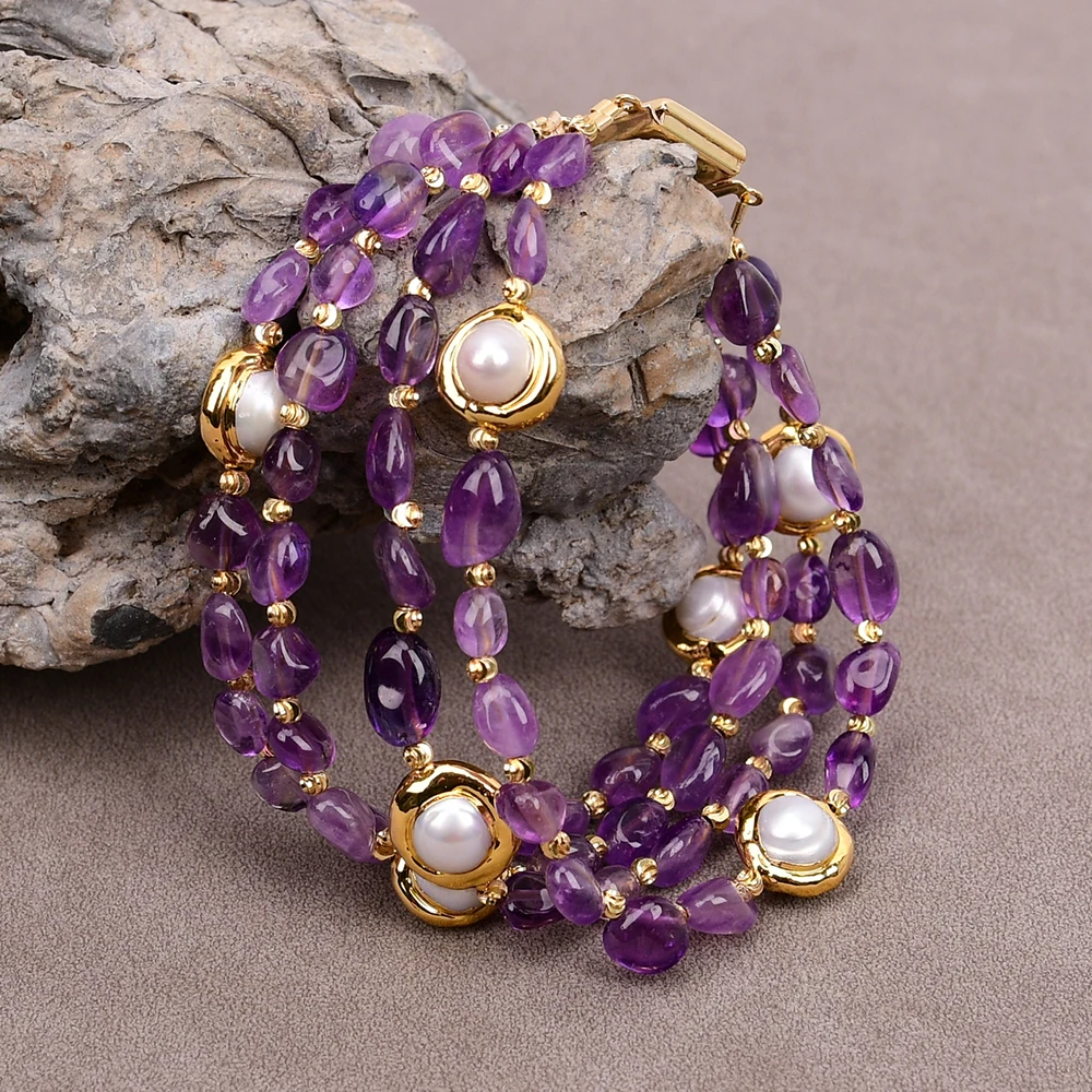 G-G 4 Strands Cultured White Pearl Gold Plated Edge Purple Amethyst Nugget Bracelet 8