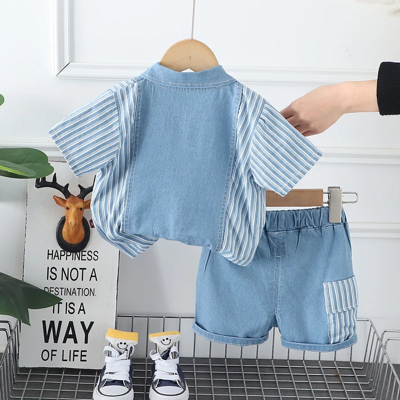 Infant Fashiont Bay Boys Denim Clothing Sets Summer Children Fashion Striped Shirts Shorts 2pcs Tracksuits  Casual Outfits Suits