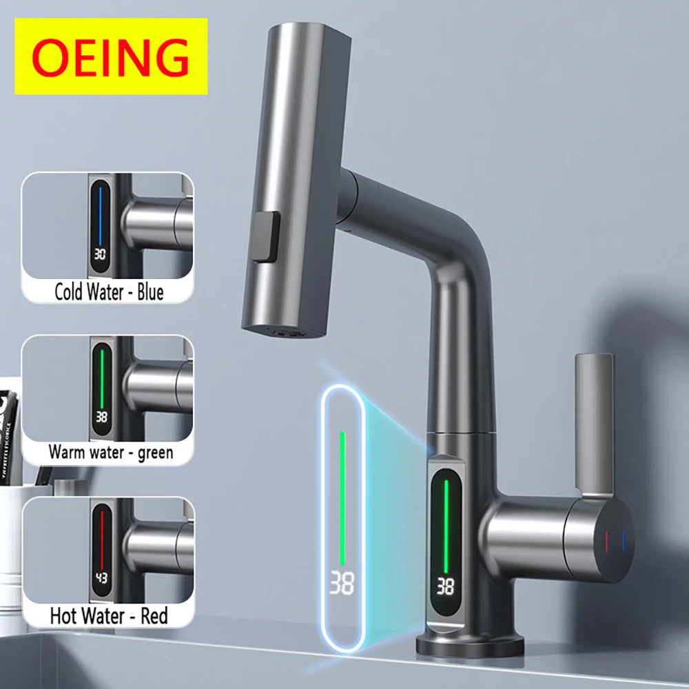 

LED Kitchen Faucet Can Pull Waterfall TEMPERATURE DISPLAY Cold and Hot Stainless Steel Can Rotation Tap