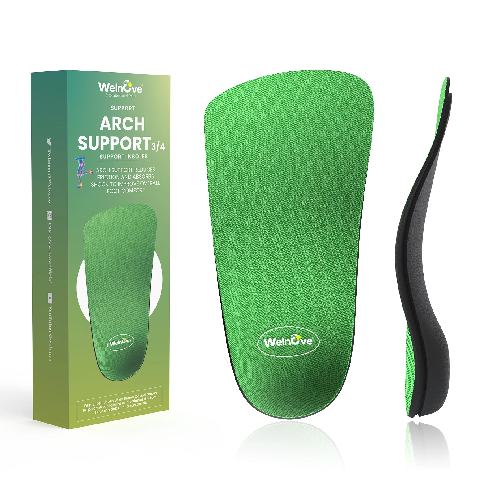 

3/4 Arch Support Insoles Orthotic Inserts Thin Heel Cup Inserts for Plantar Fasciitis Over-Pronation Flat Feet Foot Pain Relief