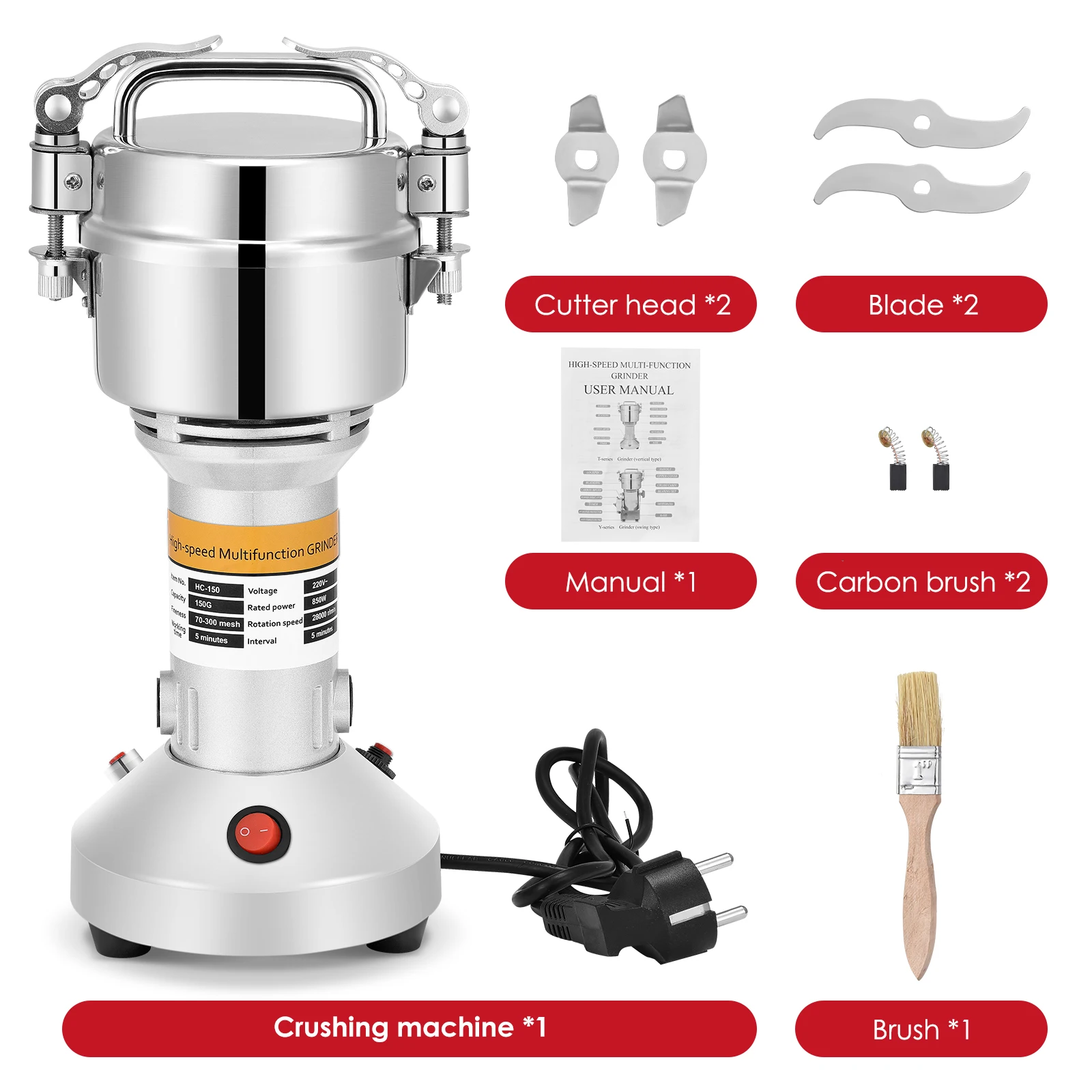 150 g elektrische Mühle, 220 V, Kräuterkorn, Gewürzmühle, 28000 U/min, tragbare Mühle, 3 Klingen, Schleifmaschine