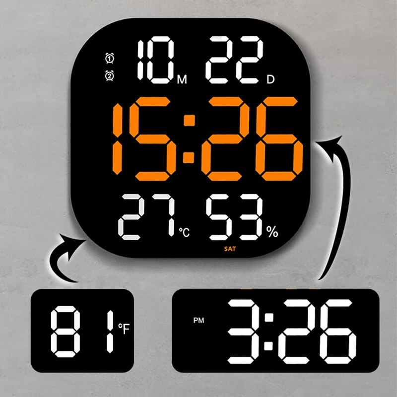 Imagem -02 - Fixado na Parede Grande Led Digital Relógio de Parede Dupla Alarmes Temp Data Display Eletrônico com Controle Remoto para Casa Quarto