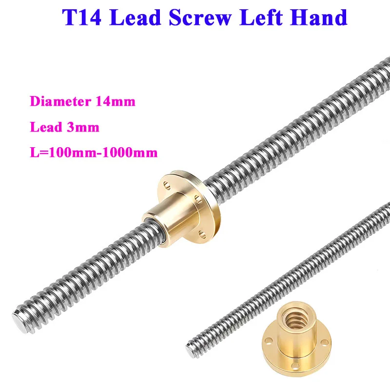 T14 Lead Screw Left Hand Thread Diameter 14mm pitch 3mm lead 3mm Trapezoidal Rod with Brass Nut for 3D CNC Parts stainless steel