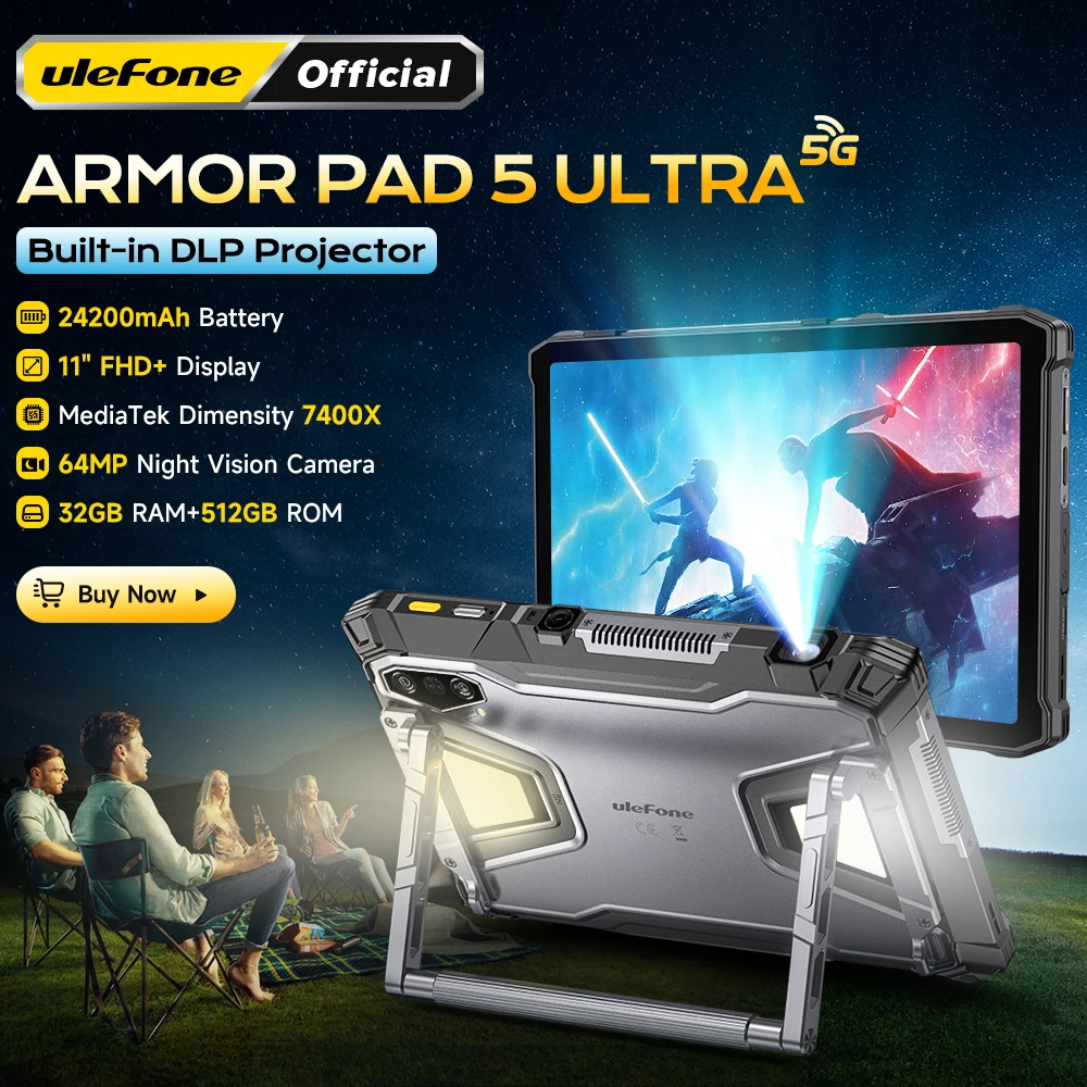 Ulefone Armor Pad 5 Ultra 5G Rugged Tablet Portable Projector 200LM 24200 mAh 120W Up to 12GB +512GB Android 15 11
