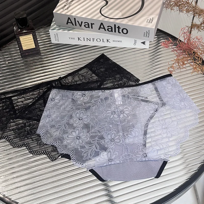 SP & CITY-ropa interior Sexy con lazo de encaje y bordado de flores para mujer, bragas caladas de malla de cintura baja, bragas transpirables con entrepierna de algodón suave