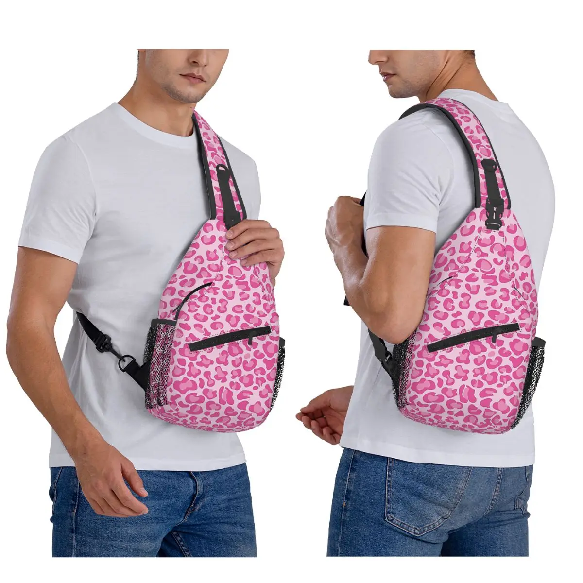

Pink Leopard Print Chest Bag Men Sling Crossbody Backpack Chest Bag Traveling Hiking Daypack Shoulder Bag