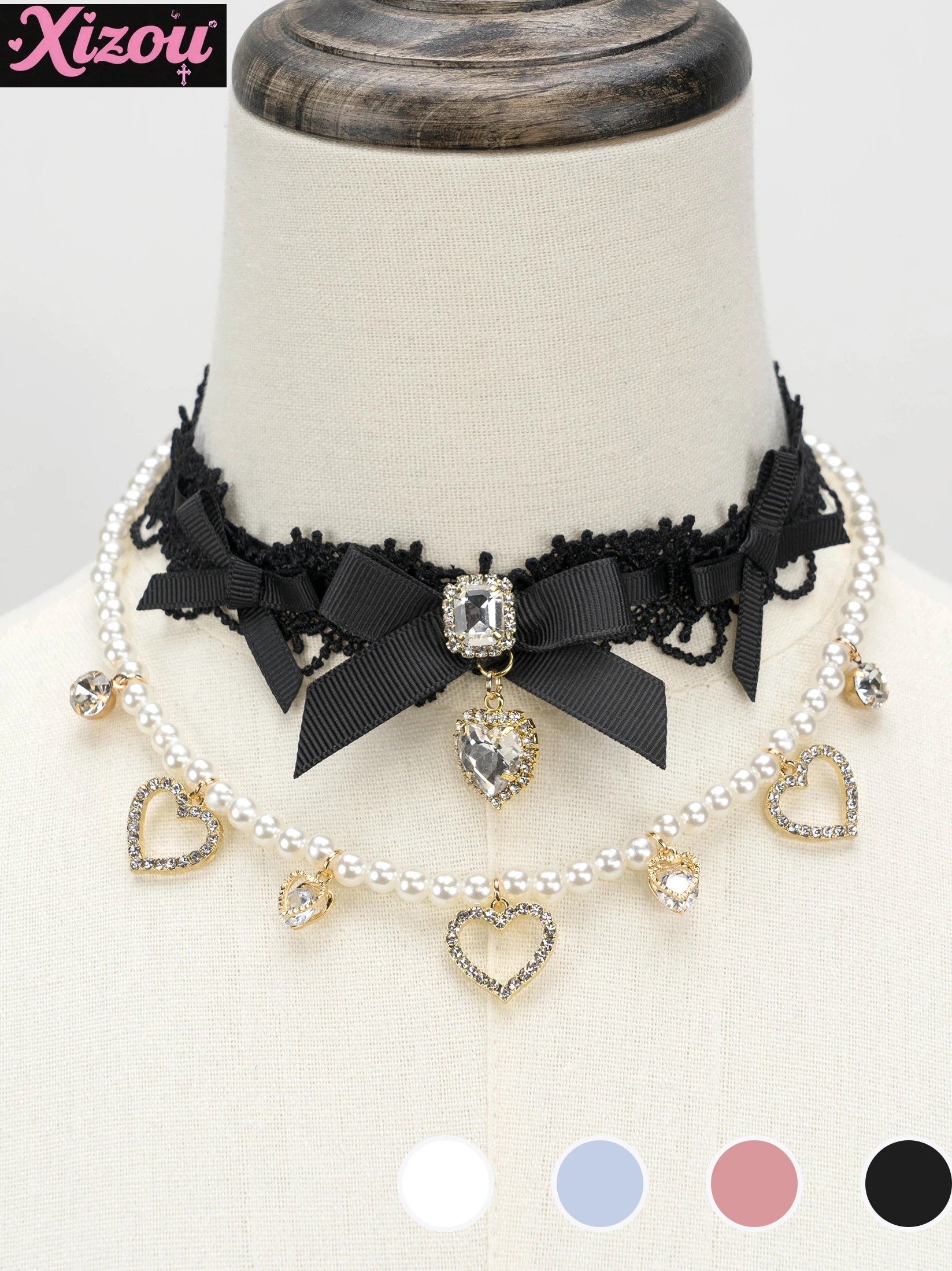 

Japan Mining Mass Produced Choker Heavy Industry DoubleLayer Pearl Gem Collar Necklace Lolita Rhinestone Clavicle Chain Necklace